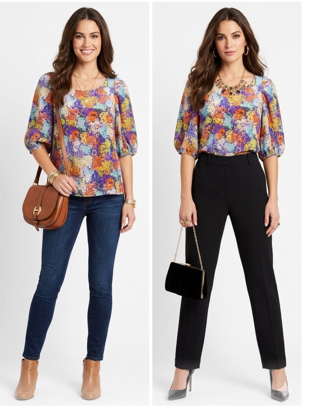 Ali Ro Multicolor Floral Print Blouse Puff Sleeves 100 percent SILK